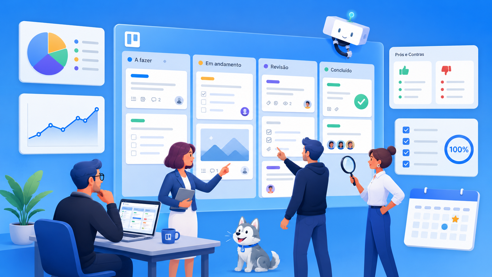 Trello vale a pena: Quadro kanban do Trello com listas e cartões coloridos
